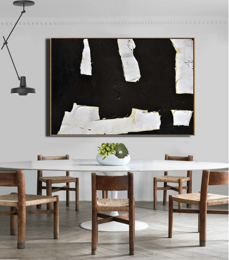 Hand-Painted Canvas Art,Horizontal Palette Knife Minimal Canvas Art Painting Black White Beige - Acrylic Painting Canvas Art